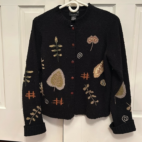 Nan Hadden black cardigan with fall motif - Picture 1 of 8